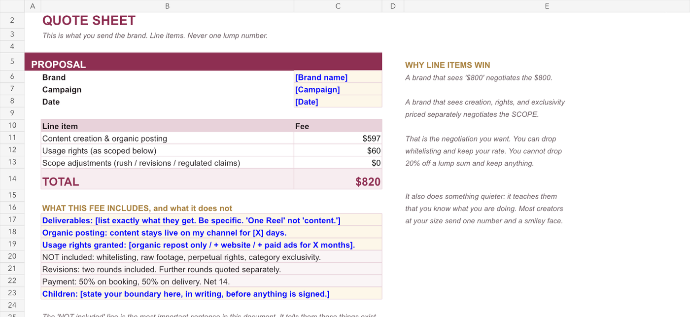 Preview of the Brand Deal Ready Rate Builder spreadsheet